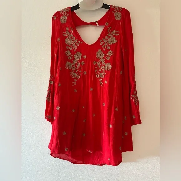 Free People red long sleeve open back floral embroidery mini dress size small. - Picture 3 of 15